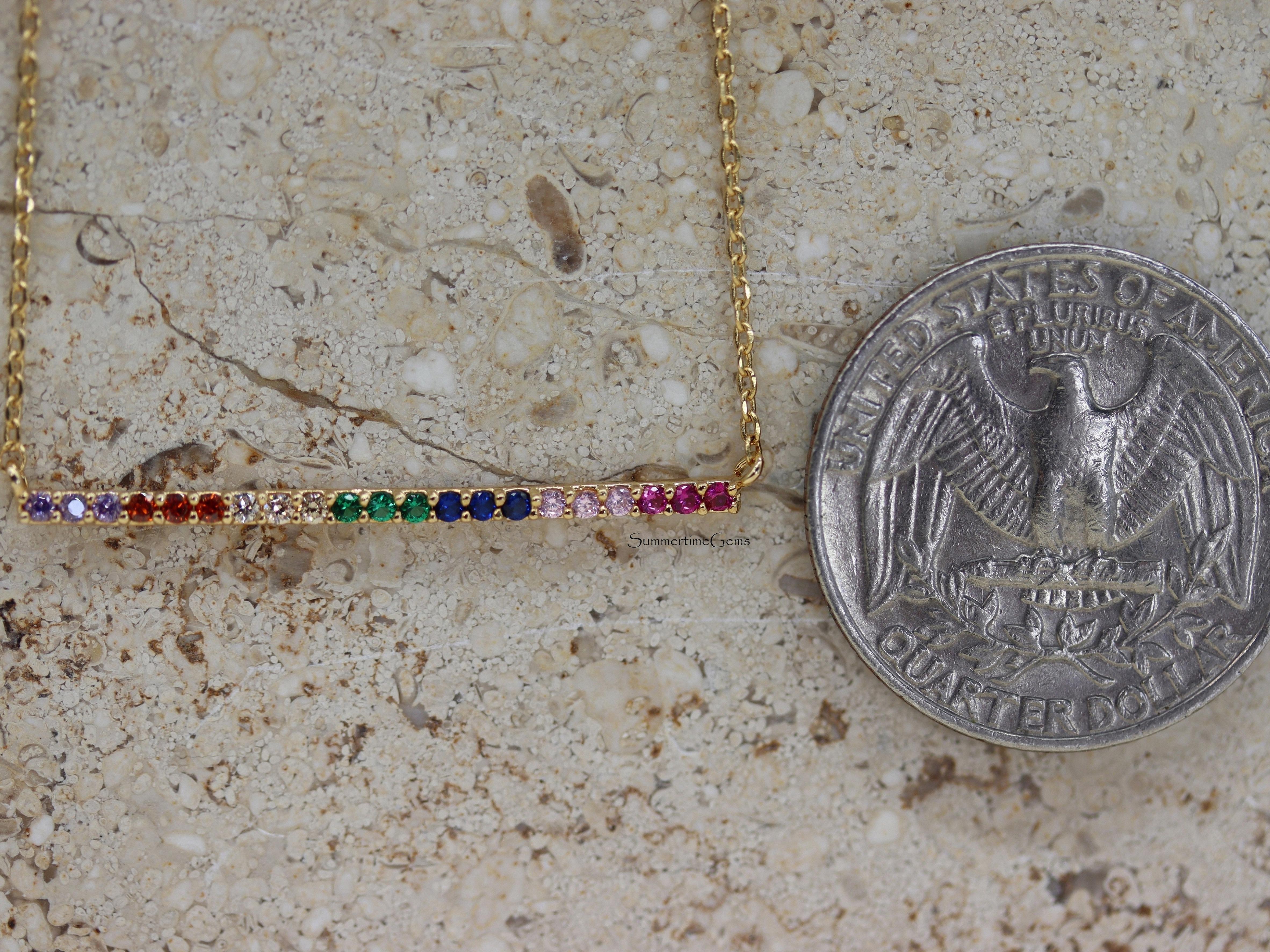 STG 18K Gold Plated Dainty Rainbow Bar Pendant Necklace – Colorful Minimalist Pride Jewelry