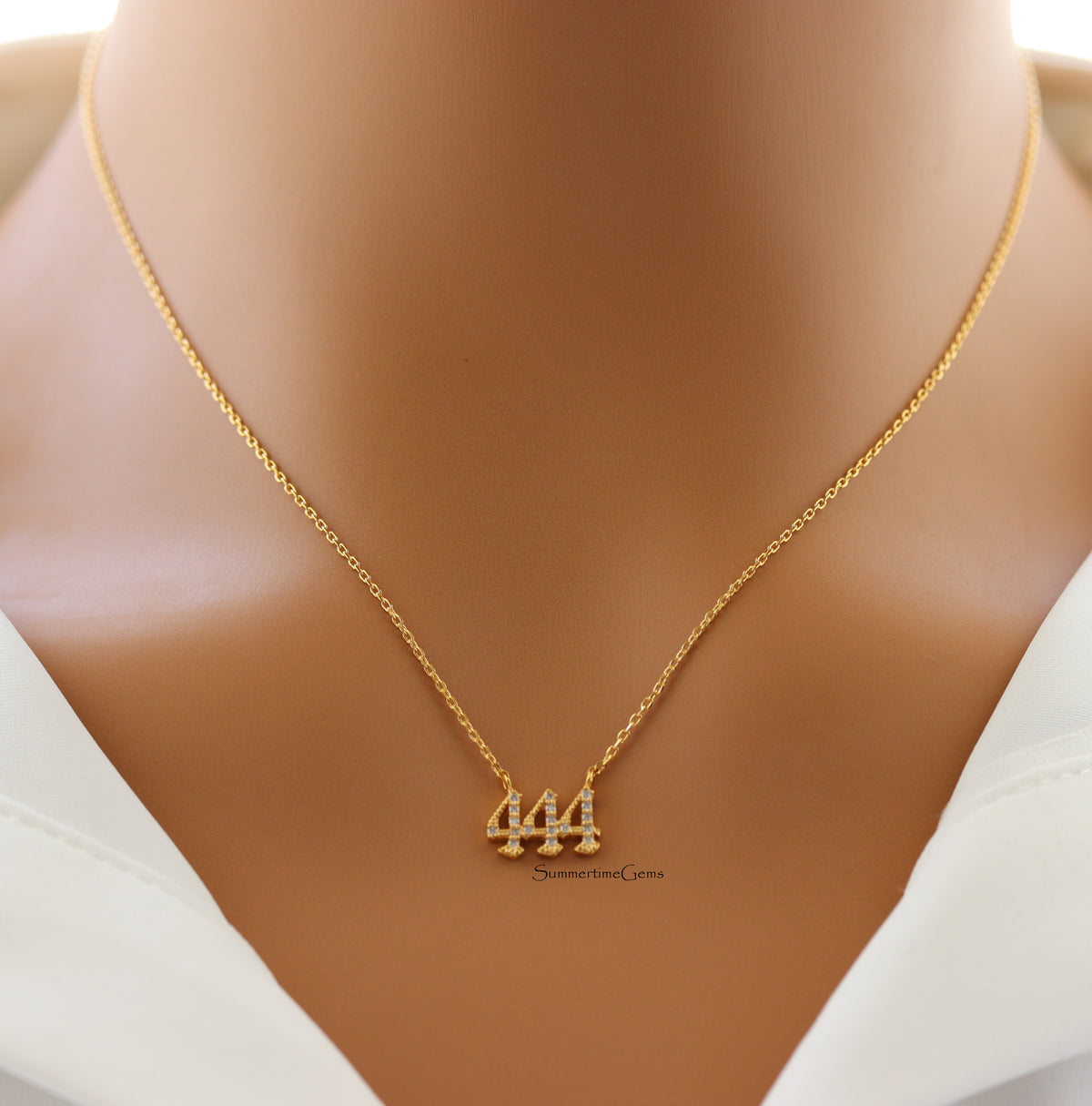 STG 18K Gold Plated Pave Angel Number 444 Pendant Necklace – Spiritual Protection Jewelry