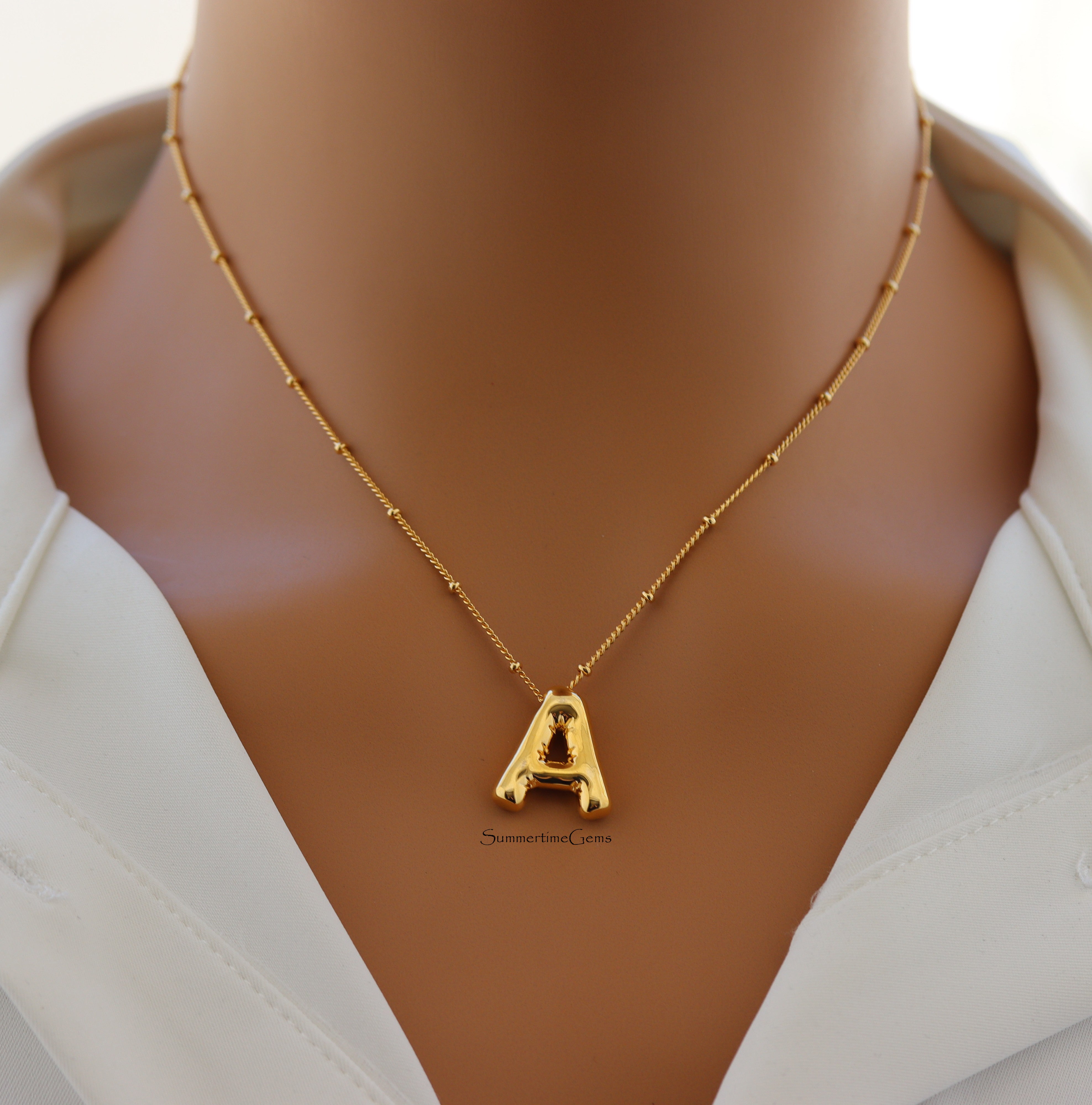 STG 18K Gold Plated Balloon Initial "A" Pendant Necklace – Trendy Puffy Letter Necklace for Personalized Everyday Glam