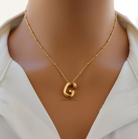 STG 18K Gold Plated Balloon Initial "G" Pendant Necklace – Trendy Puffy Letter Necklace for Personalized Glam