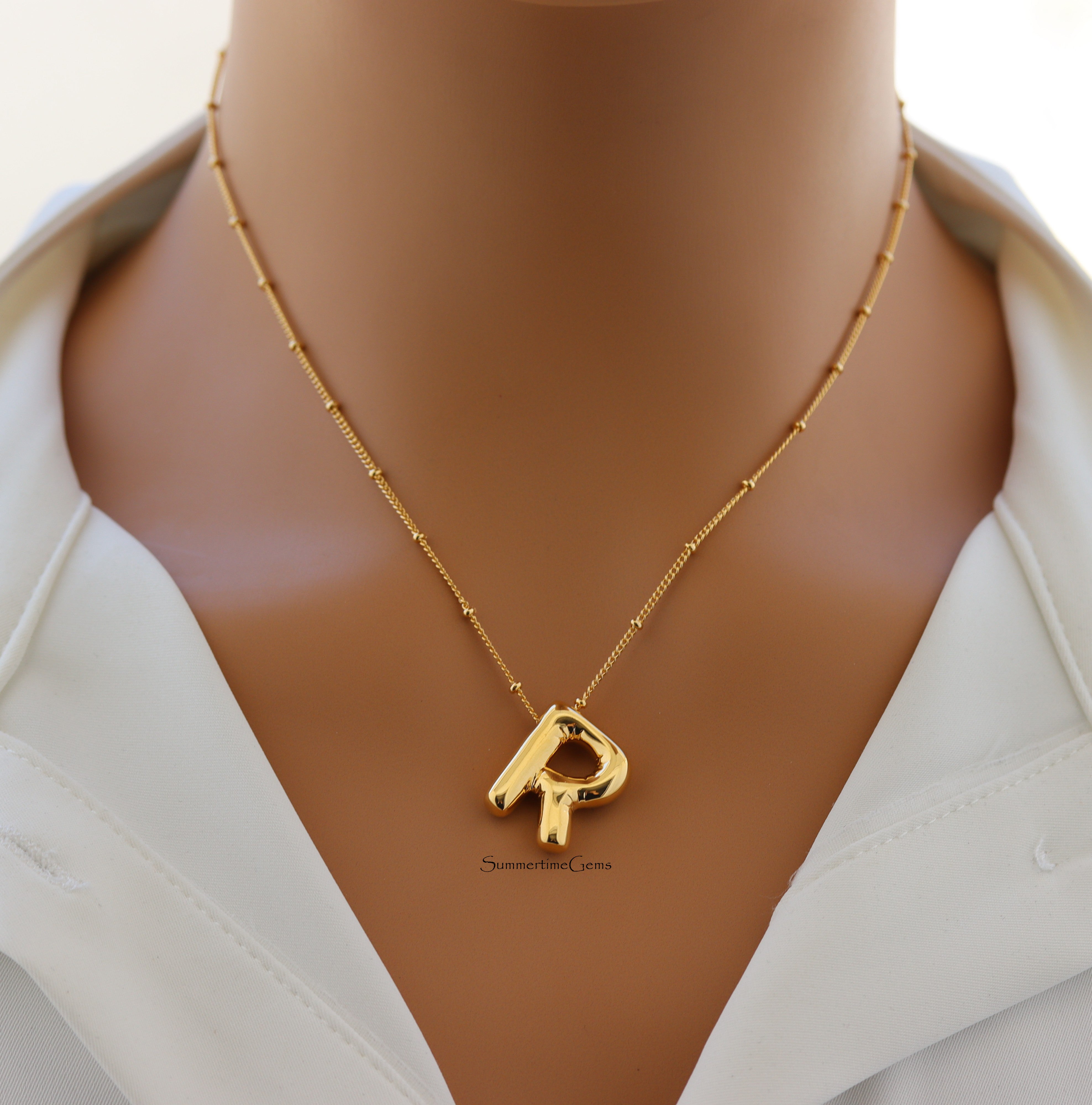 STG 18K Gold Plated Balloon Initial "R" Pendant Necklace – Trendy Puffy Letter Necklace for Bold Personalized Glam