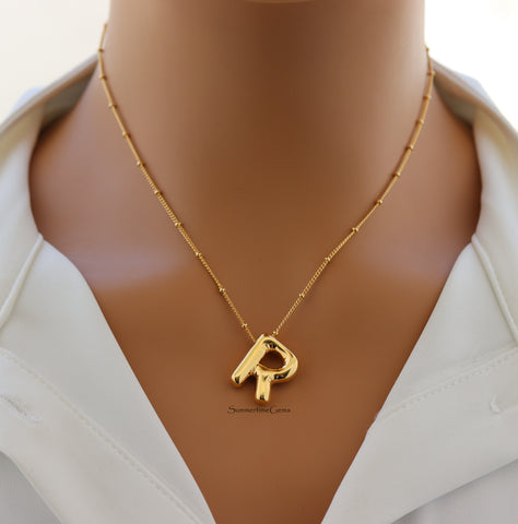 STG 18K Gold Plated Balloon Initial "R" Pendant Necklace – Trendy Puffy Letter Necklace for Bold Personalized Glam