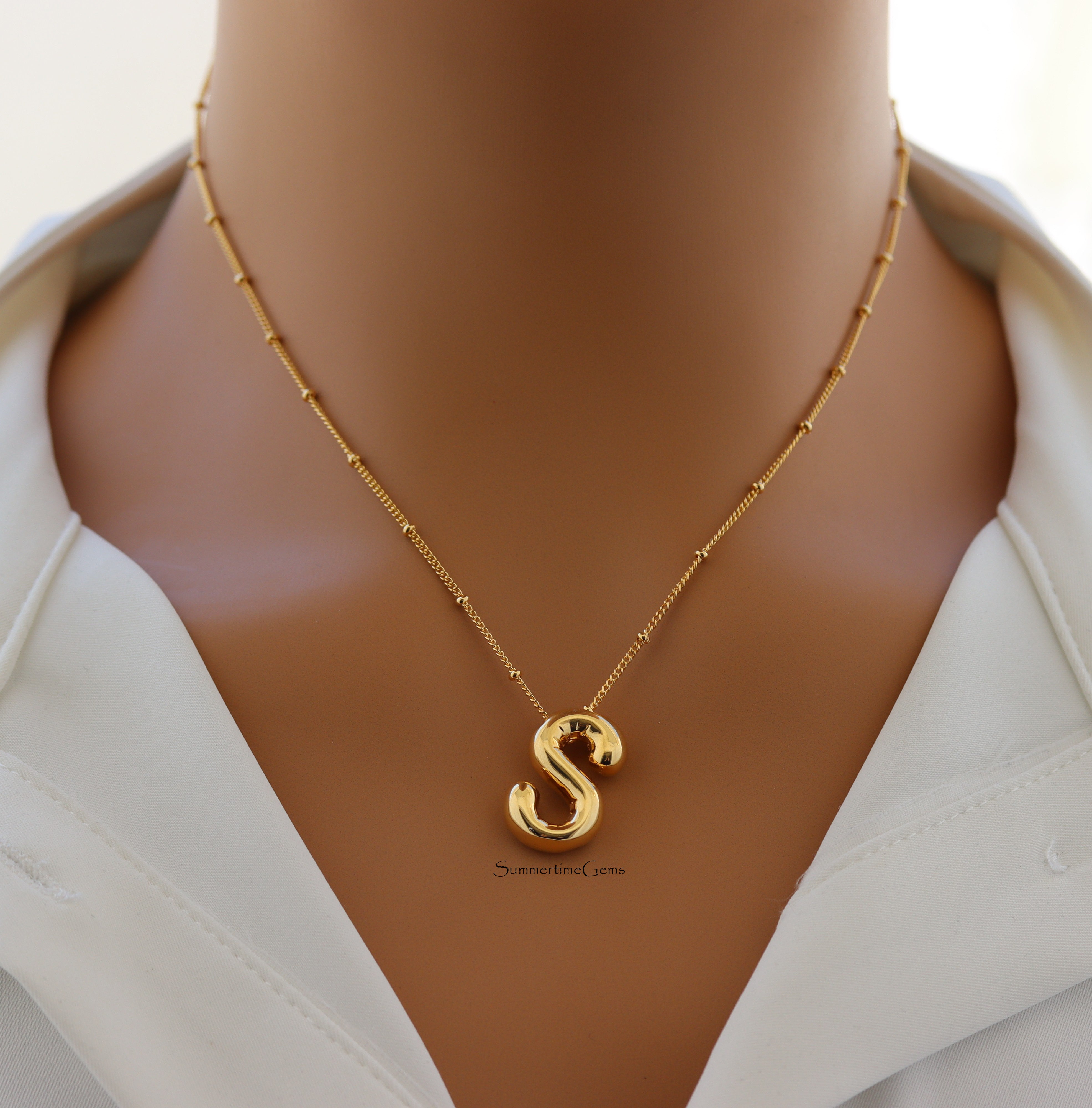 STG 18K Gold Plated Balloon Initial "S" Pendant Necklace – Trendy Puffy Letter Necklace for Personalized Everyday Style