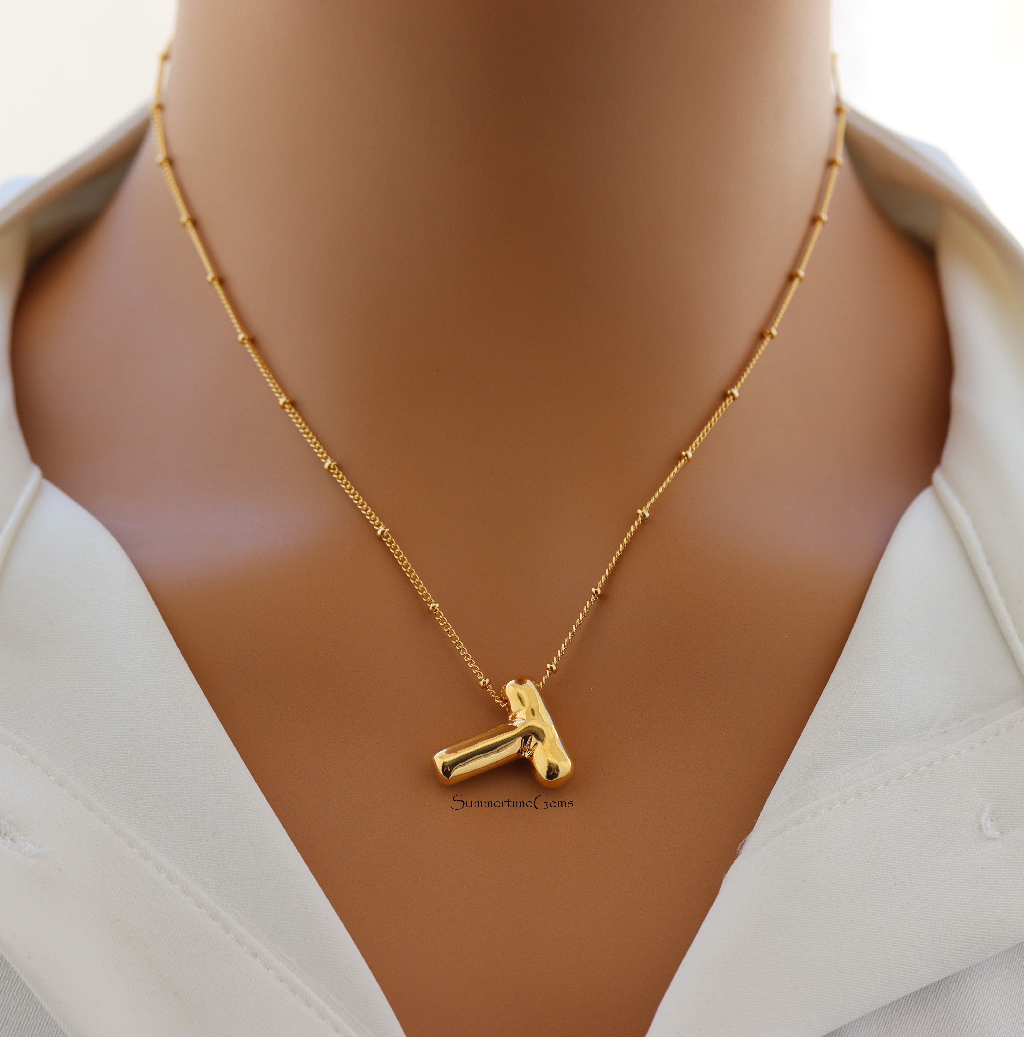 STG 18K Gold Plated Balloon Initial "T" Pendant Necklace – Trendy Puffy Letter Necklace for Personalized Everyday Glam