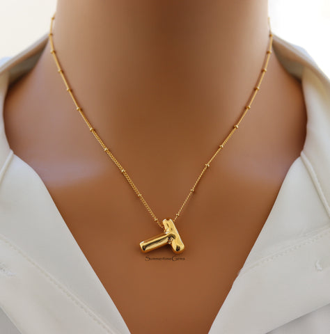 STG 18K Gold Plated Balloon Initial "T" Pendant Necklace – Trendy Puffy Letter Necklace for Personalized Everyday Glam