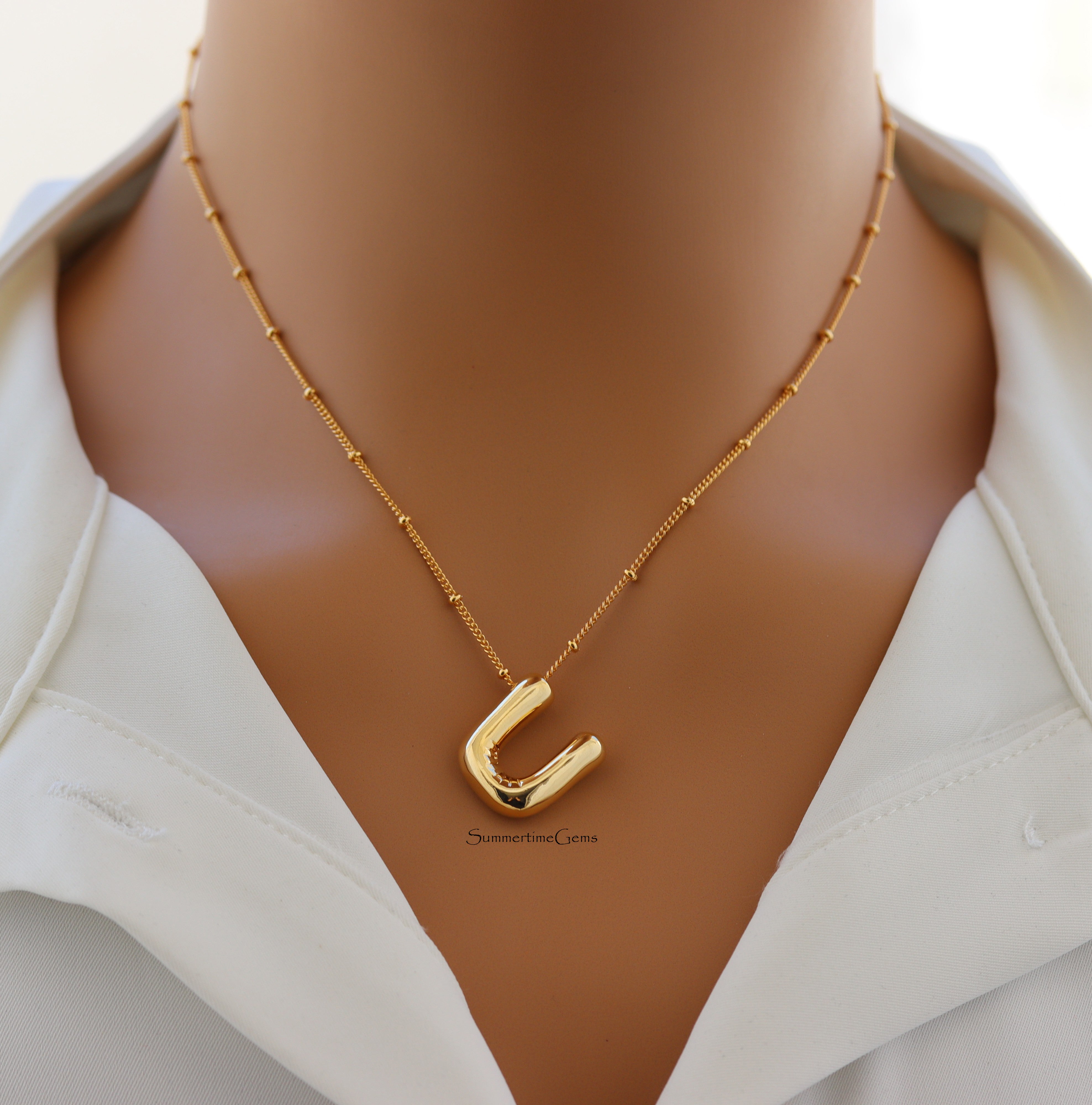 STG 18K Gold Plated Balloon Initial "U" Pendant Necklace – Trendy Puffy Letter Necklace for Personalized Everyday Style