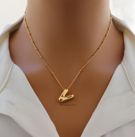 18K Gold Plated Balloon Initial "V" Pendant Necklace – Trendy Puffy Letter Necklace for Personalized Everyday Glam