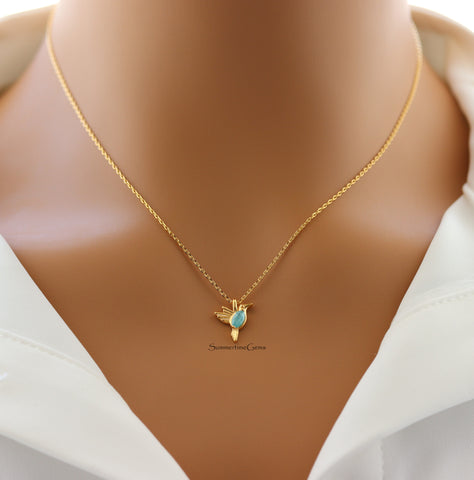 STG 18K Gold Plated Oval Gem Bird Pendant Necklace – Elegant Nature-Inspired Jewelry with Gemstone Accent