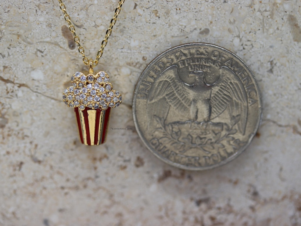 STG 18K Gold Plated Sparkly Popcorn Pendant Necklace – Fun and Playful Jewelry for Movie Lovers and Snack Fans