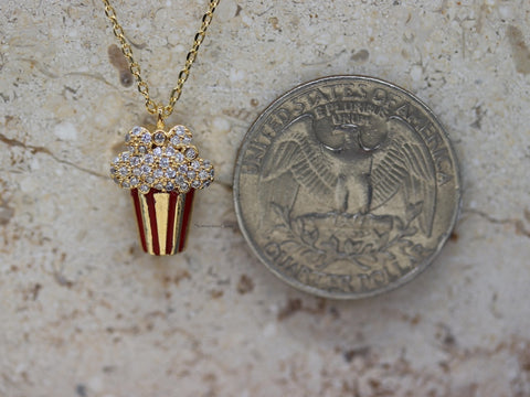 STG 18K Gold Plated Sparkly Popcorn Pendant Necklace – Fun and Playful Jewelry for Movie Lovers and Snack Fans