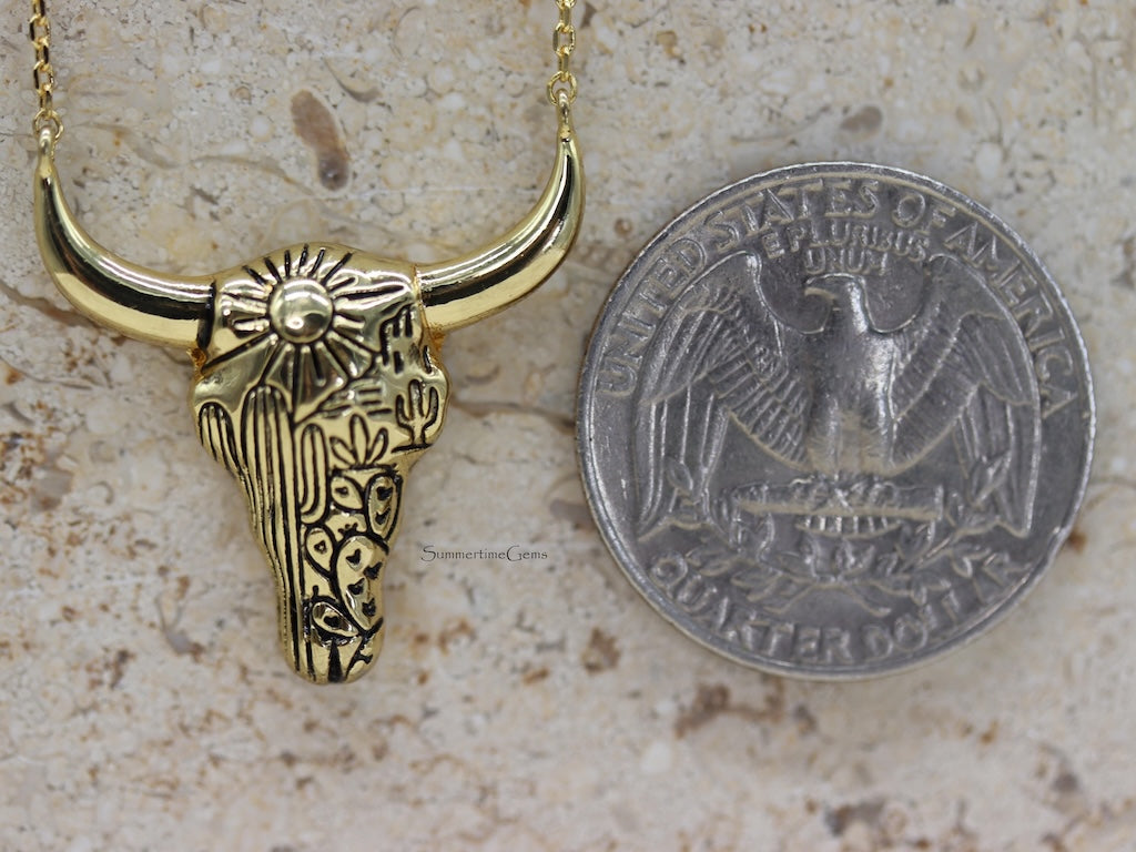 STG 18K Gold Plated Engraved Desert Bull Head Pendant Necklace – Western-Inspired Statement Jewelry for Bold Style