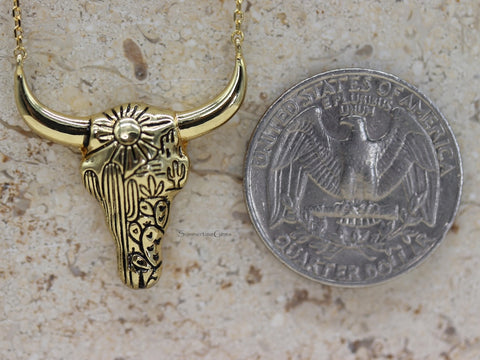 STG 18K Gold Plated Engraved Desert Bull Head Pendant Necklace – Western-Inspired Statement Jewelry for Bold Style
