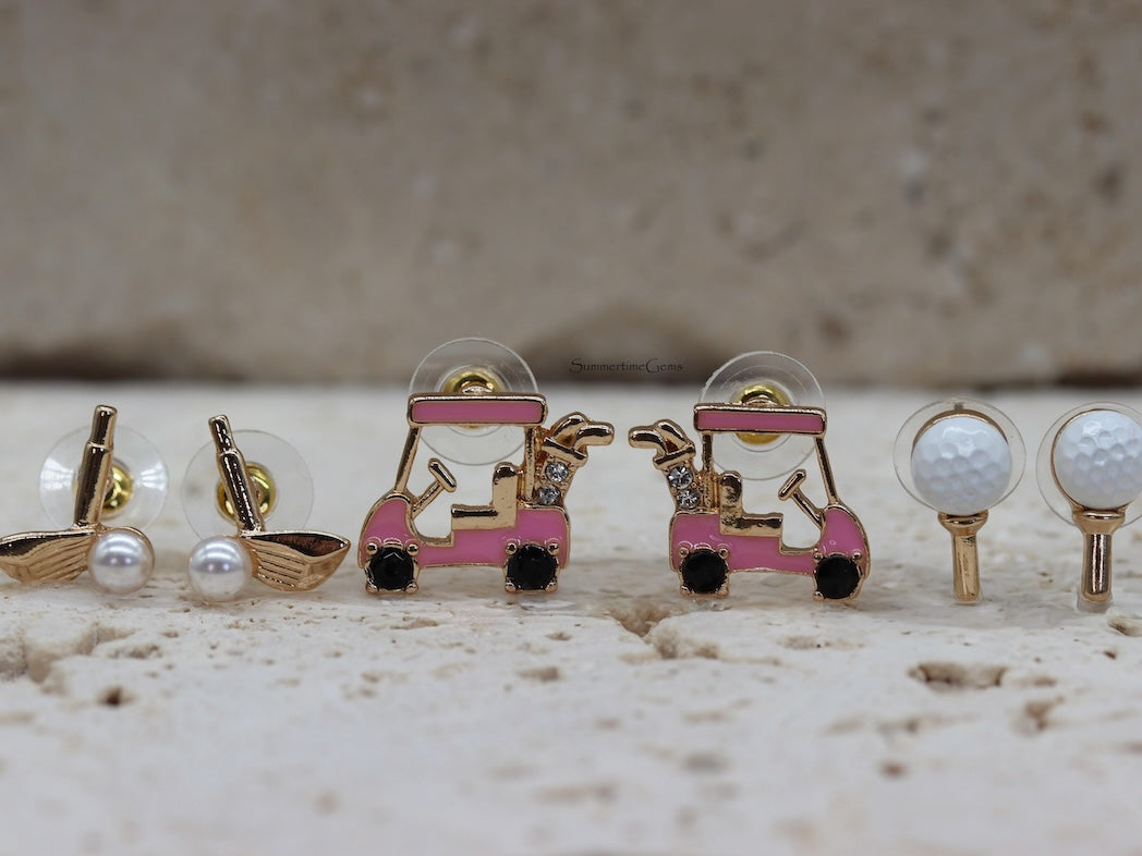 STG Titanium Gold Mini Golf Earrings Set – Golf Cart, Ball & Clubs Studs | Hypoallergenic Fun Jewelry for Golf Lovers