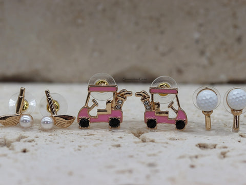 STG Titanium Gold Mini Golf Earrings Set – Golf Cart, Ball & Clubs Studs | Hypoallergenic Fun Jewelry for Golf Lovers