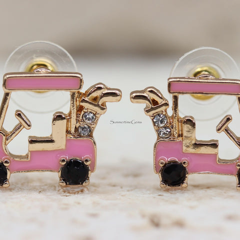 STG Titanium Gold Mini Golf Earrings Set – Golf Cart, Ball & Clubs Studs | Hypoallergenic Fun Jewelry for Golf Lovers