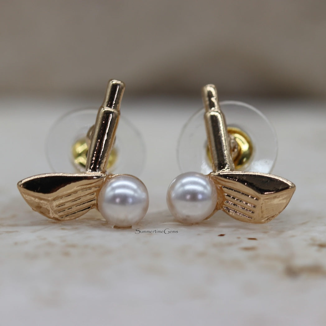 STG Titanium Gold Mini Golf Earrings Set – Golf Cart, Ball & Clubs Studs | Hypoallergenic Fun Jewelry for Golf Lovers