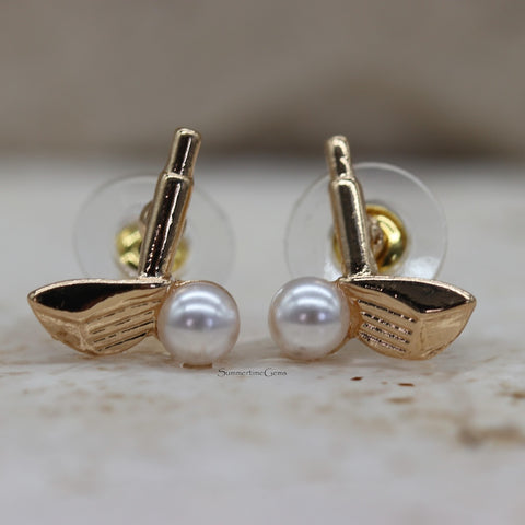 STG Titanium Gold Mini Golf Earrings Set – Golf Cart, Ball & Clubs Studs | Hypoallergenic Fun Jewelry for Golf Lovers