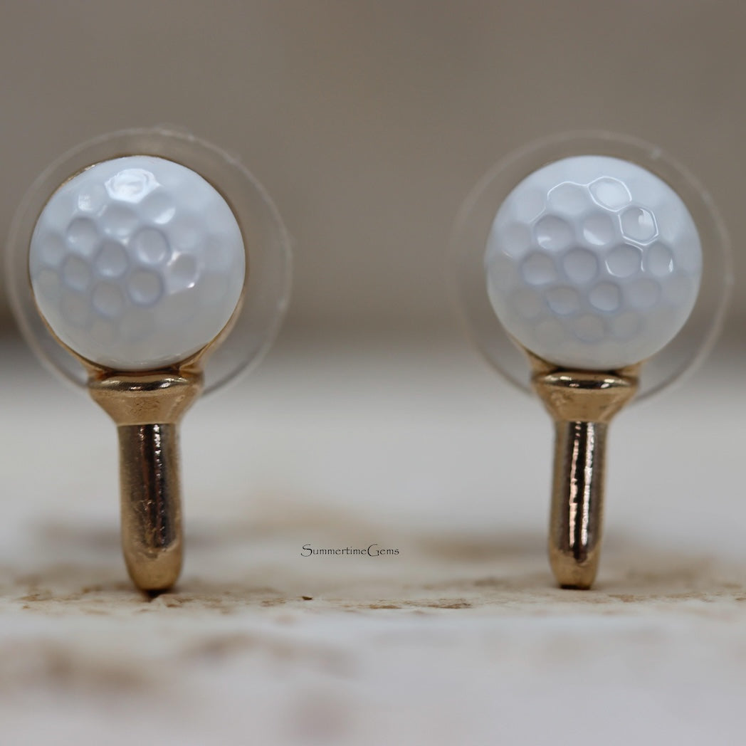 STG Titanium Gold Mini Golf Earrings Set – Golf Cart, Ball & Clubs Studs | Hypoallergenic Fun Jewelry for Golf Lovers