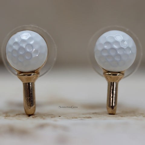 STG Titanium Gold Mini Golf Earrings Set – Golf Cart, Ball & Clubs Studs | Hypoallergenic Fun Jewelry for Golf Lovers