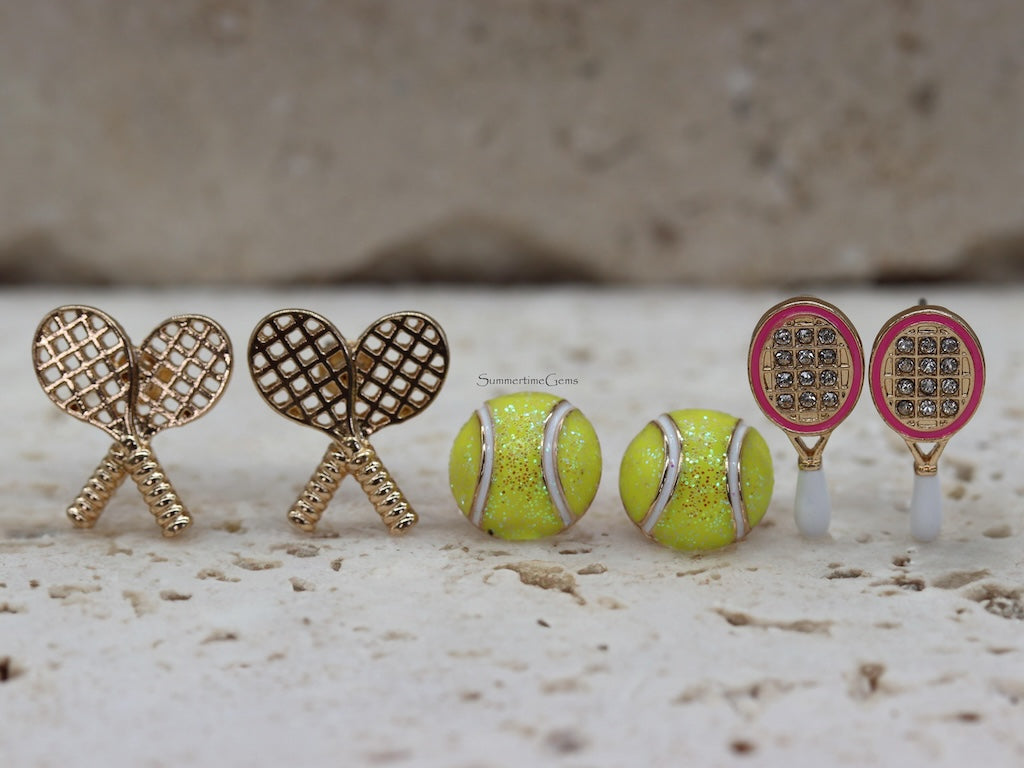 STG Gold Assorted Enamel Tennis Racquets, and Tennis Ball Earrings Set