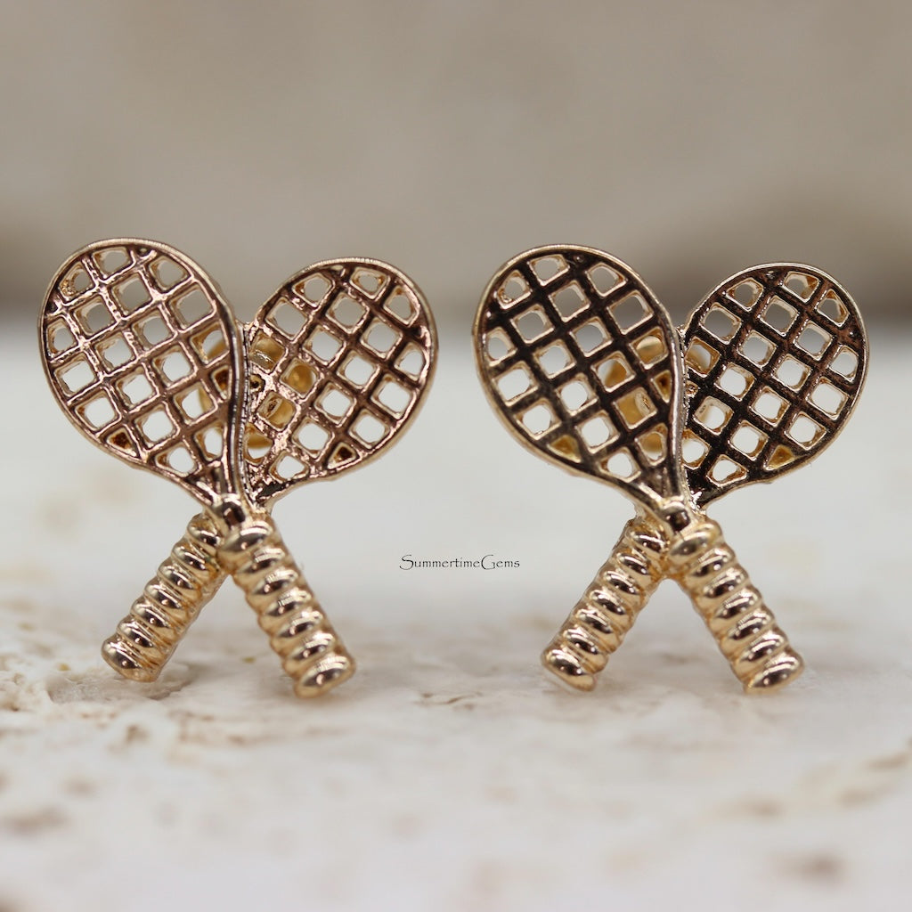STG Gold Assorted Enamel Tennis Racquets, and Tennis Ball Earrings Set
