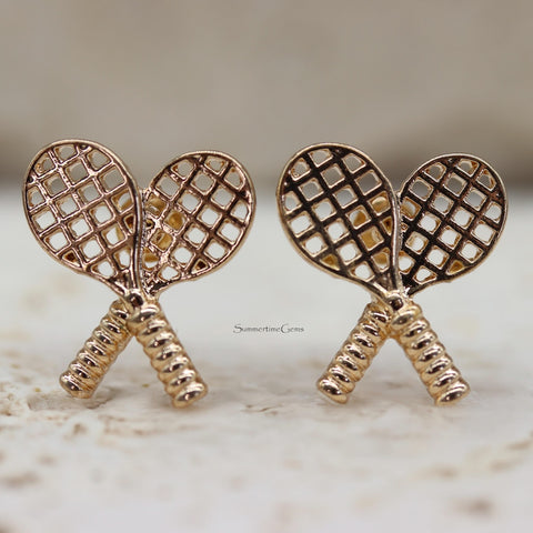 STG Gold Assorted Enamel Tennis Racquets, and Tennis Ball Earrings Set