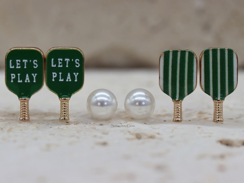 STG Gold Assorted Pickleball Paddles, and Balls Earrings Set