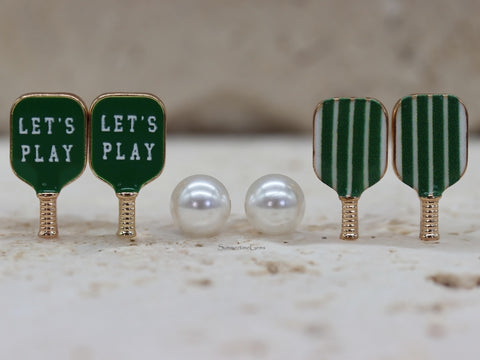 STG Gold Assorted Pickleball Paddles, and Balls Earrings Set