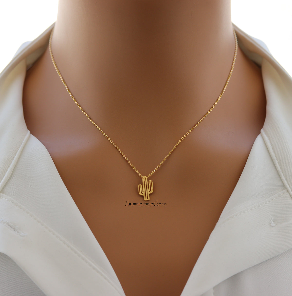 STG 18K Gold Plated Cactus Cutout Pendant Necklace – Boho Western Desert-Inspired Jewelry