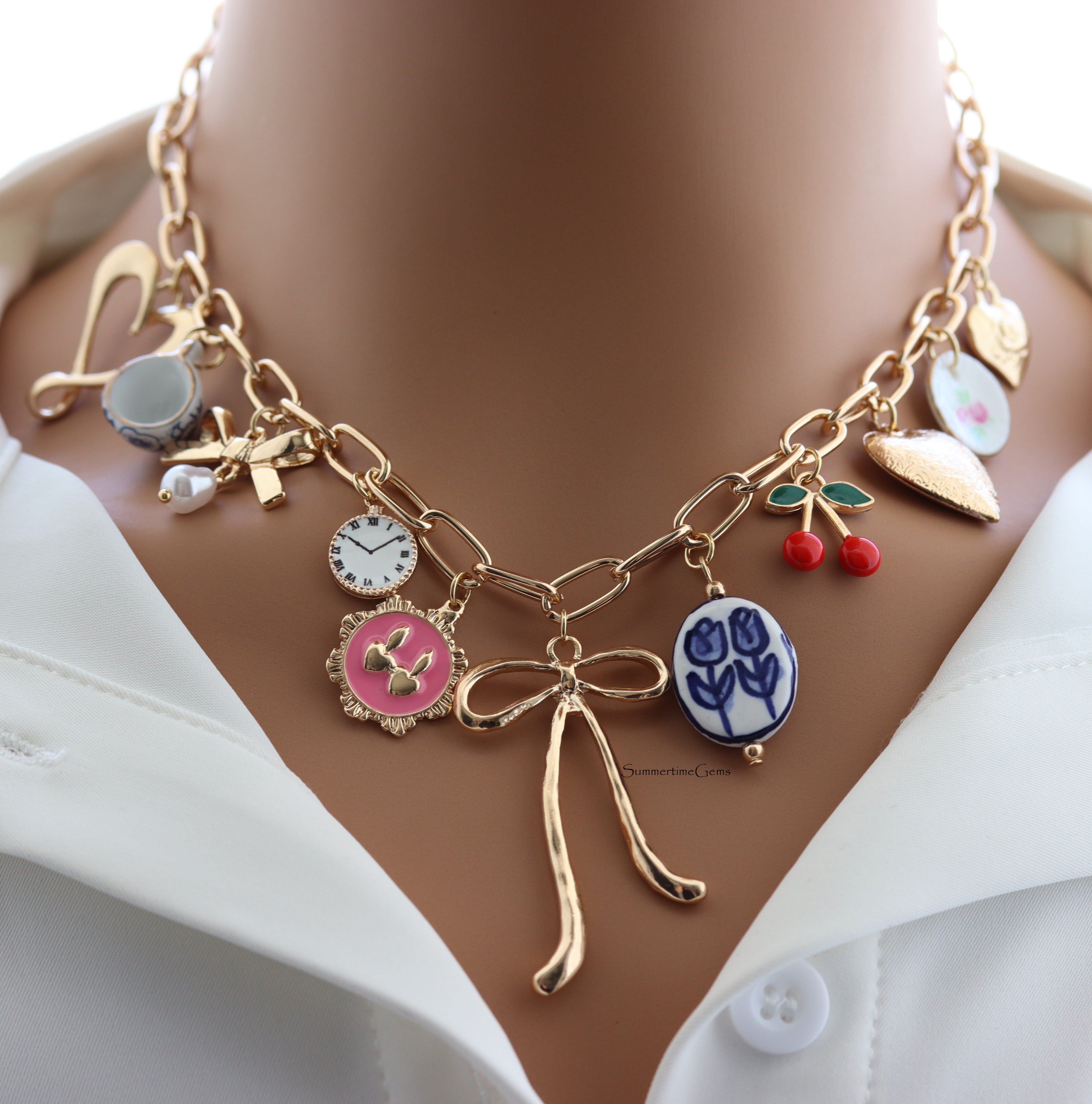STG Whimsical Floral Heart & Bow Charm Necklace – Vintage-Inspired Aesthetic Jewelry with Cherry, Pearl & Tea Time Charms