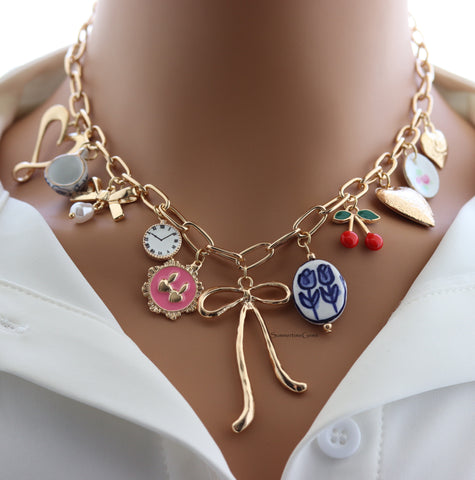 STG Whimsical Floral Heart & Bow Charm Necklace – Vintage-Inspired Aesthetic Jewelry with Cherry, Pearl & Tea Time Charms