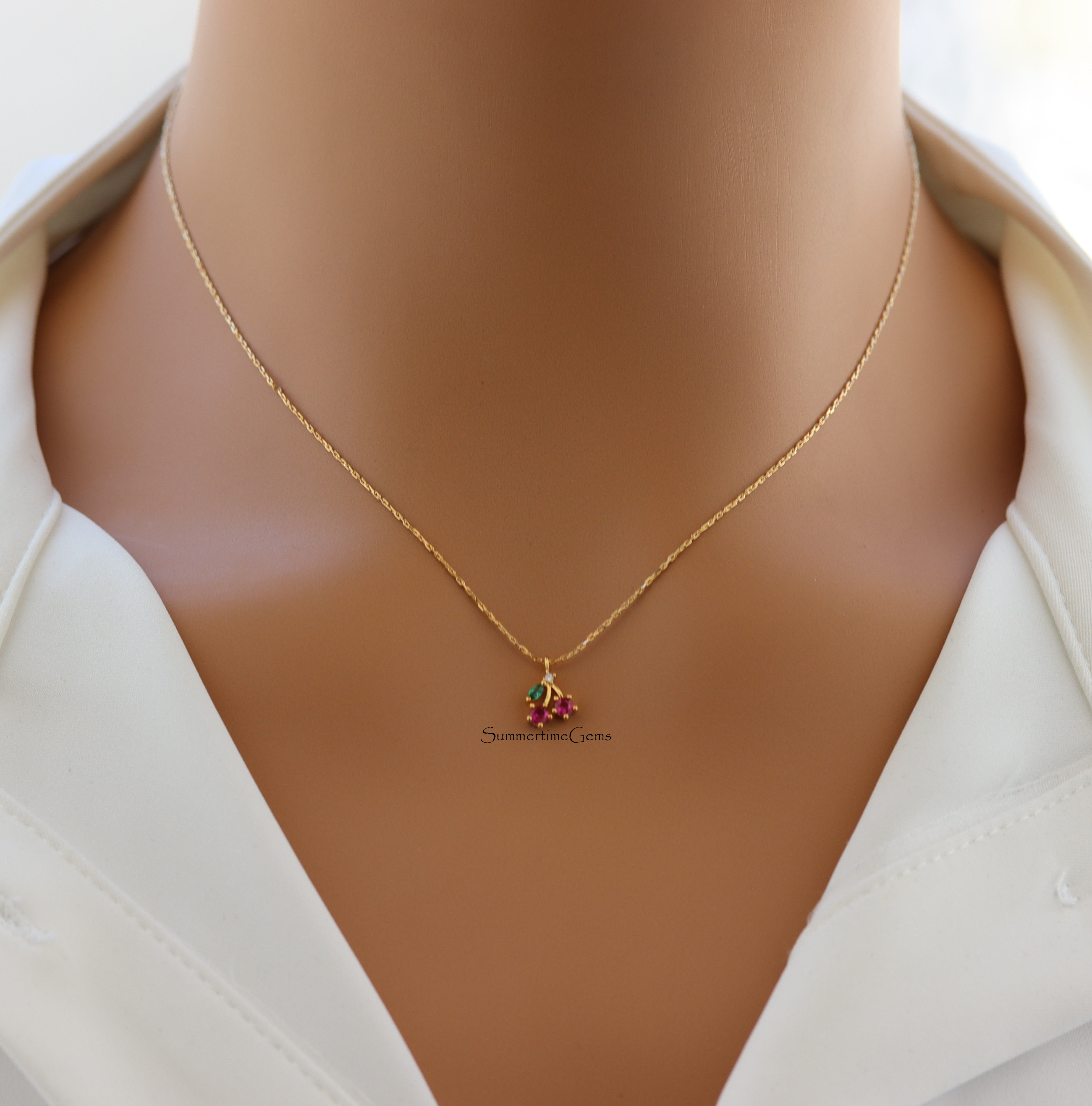 STG 18K Gold Plated Mini Cherry Pendant Necklace – Cute & Dainty Fruit Jewelry for Everyday Style