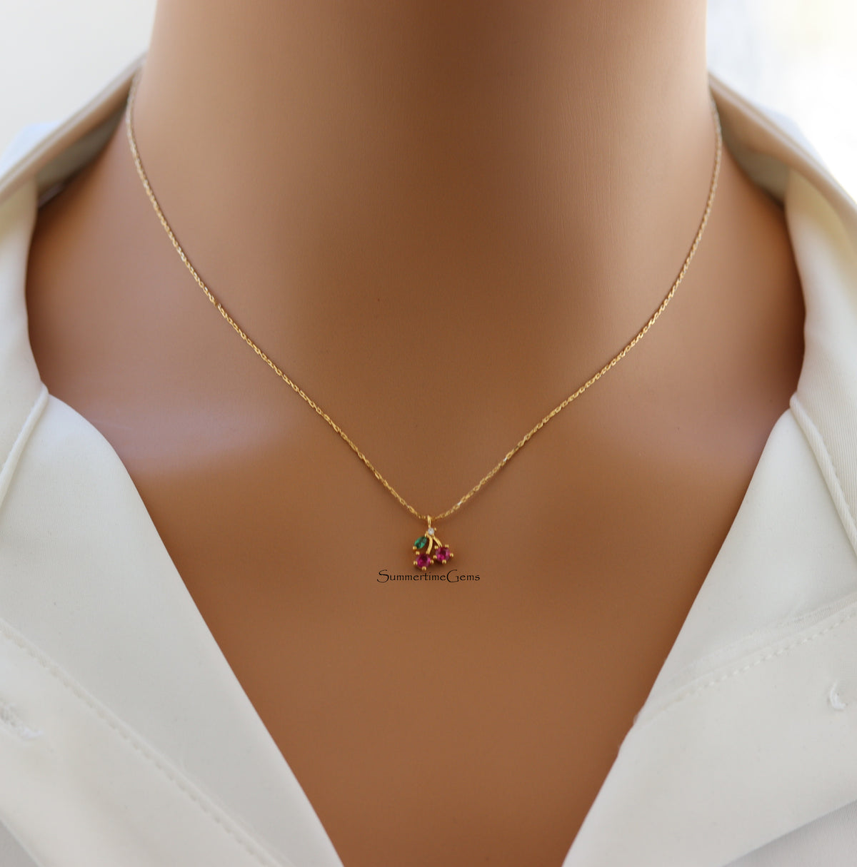 STG 18K Gold Plated Mini Cherry Pendant Necklace – Cute & Dainty Fruit Jewelry for Everyday Style