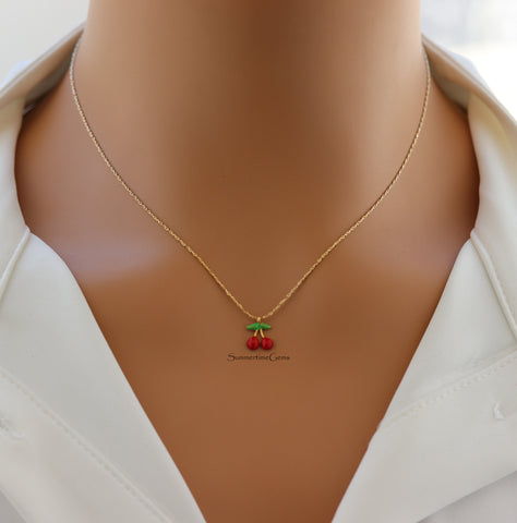 STG 18K Gold Plated Epoxy Cherry Pendant Necklace – Cute Y2K-Inspired Fruit Jewelry for a Playful Pop