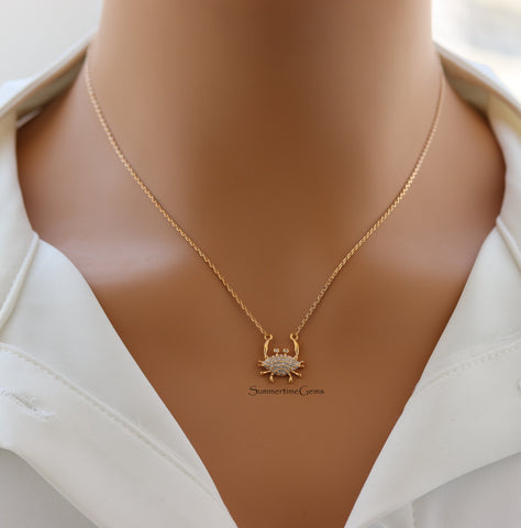 STG 18K Gold Plated CZ Crab Pendant Necklace for Women – Dainty Zodiac Cancer Jewelry Gift