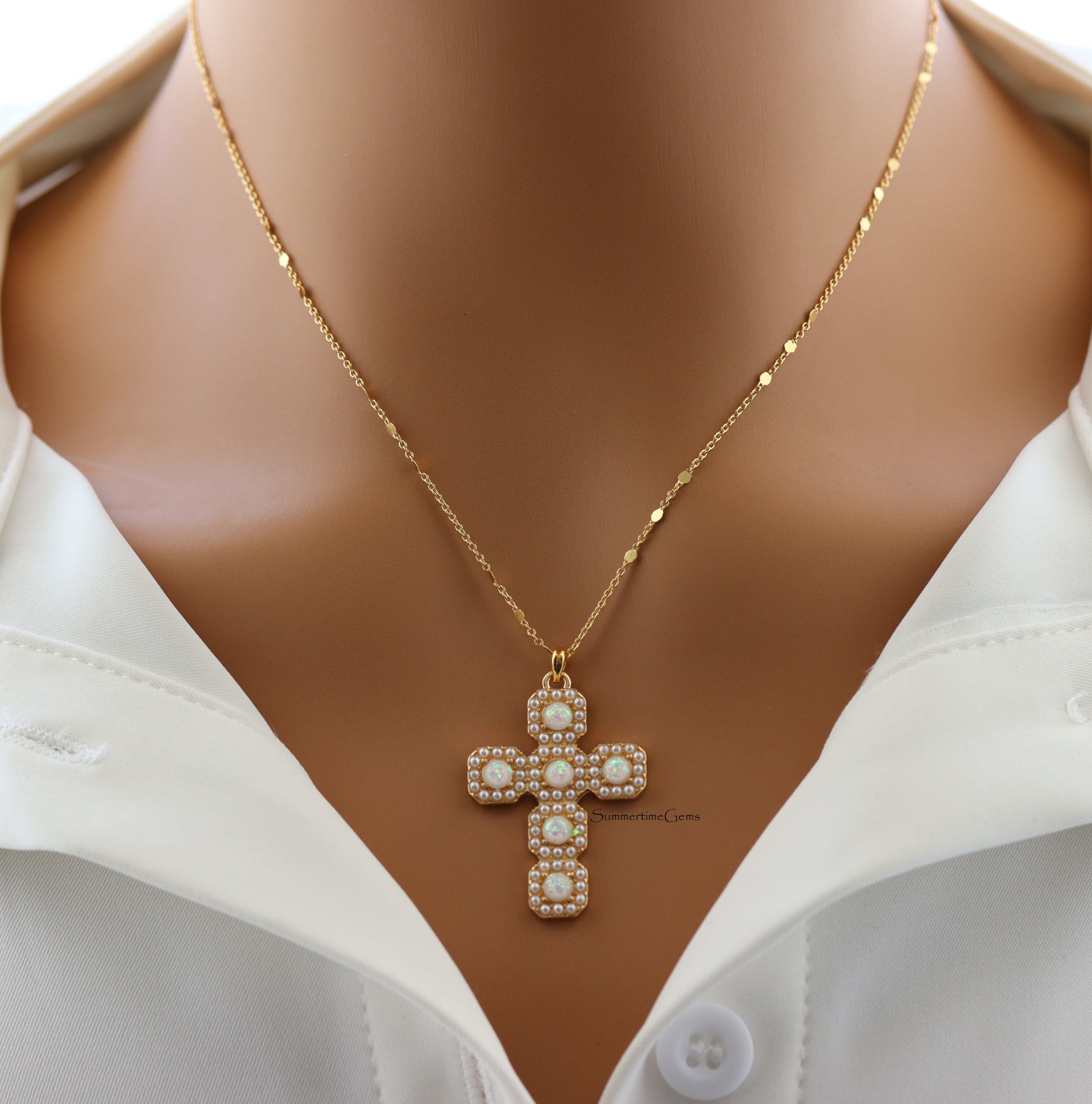 STG 14K Gold Plated Opal and Pearl Cross Pendant Necklace – Elegant Faith Jewelry with Iridescent Glow