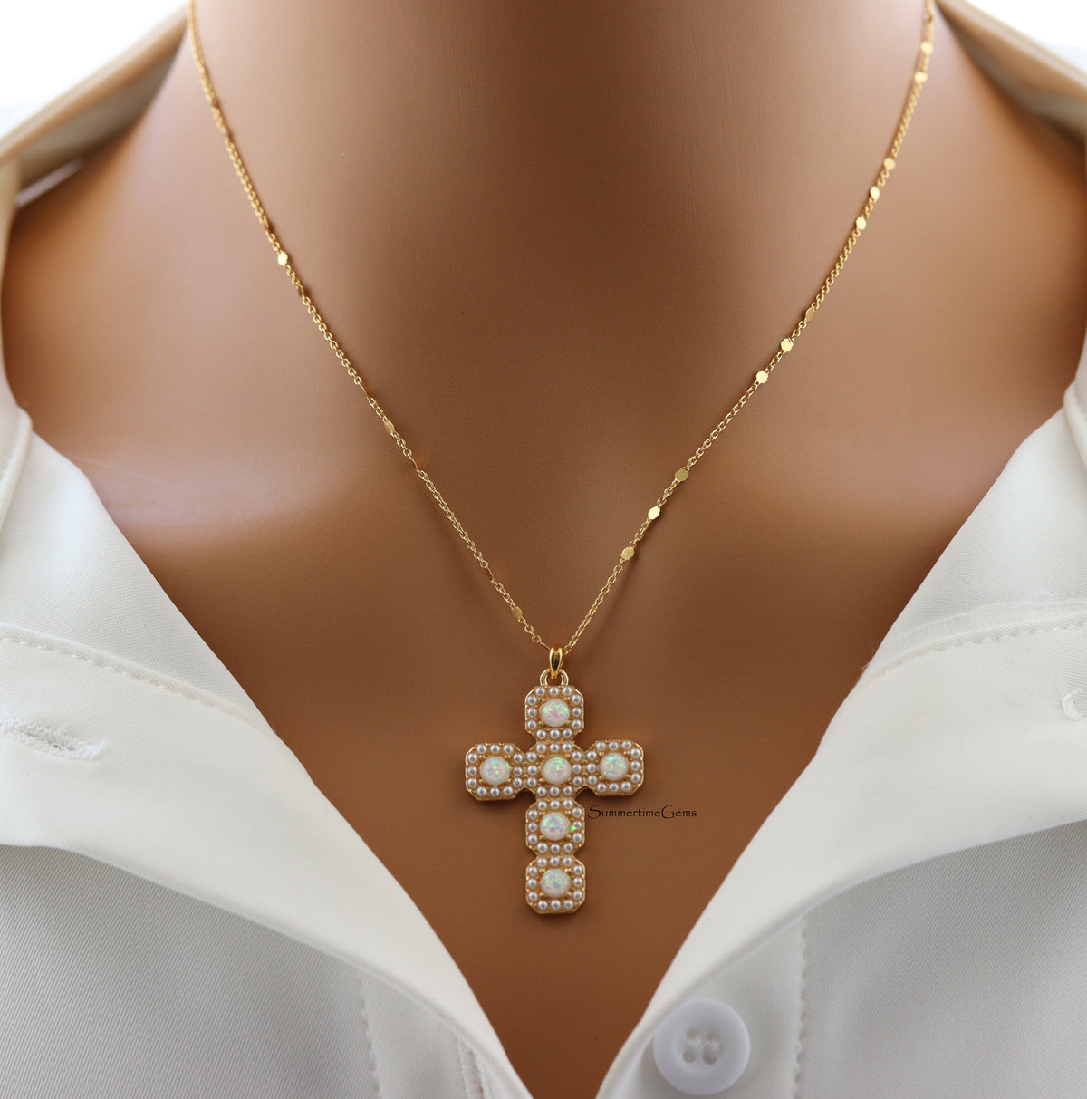 STG 14K Gold Plated Opal and Pearl Cross Pendant Necklace – Elegant Faith Jewelry with Iridescent Glow