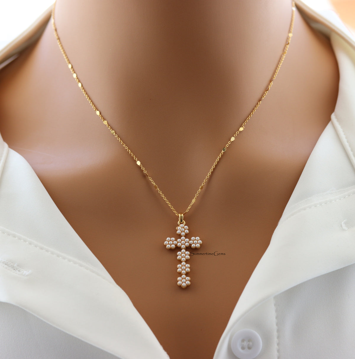 STG 14K Gold Plated Pearl Cross Pendant Necklace – Elegant Faith-Inspired Jewelry with Freshwater Pearl Accent