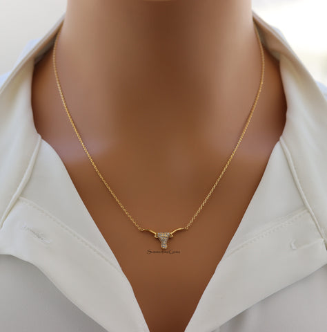 STG 14K Gold Plated CZ Bull Head Pendant Necklace – Sparkly Western Rodeo Jewelry for Bold Statement Style