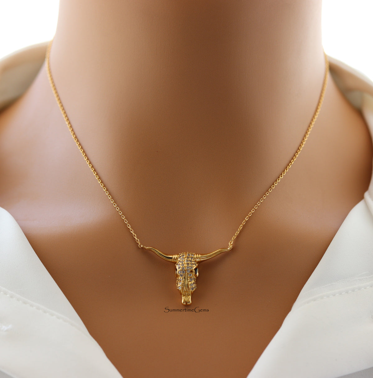 STG 18K Gold Plated CZ Pave Bull Head Pendant Necklace – Western Glam Statement Jewelry