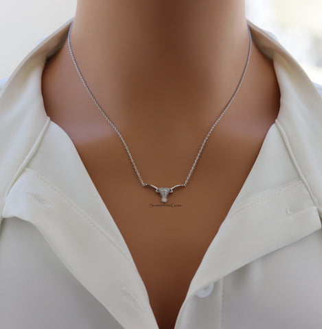 STG 14K Gold Plated CZ Bull Head Pendant Necklace – Sparkly Western Rodeo Jewelry for Bold Statement Style