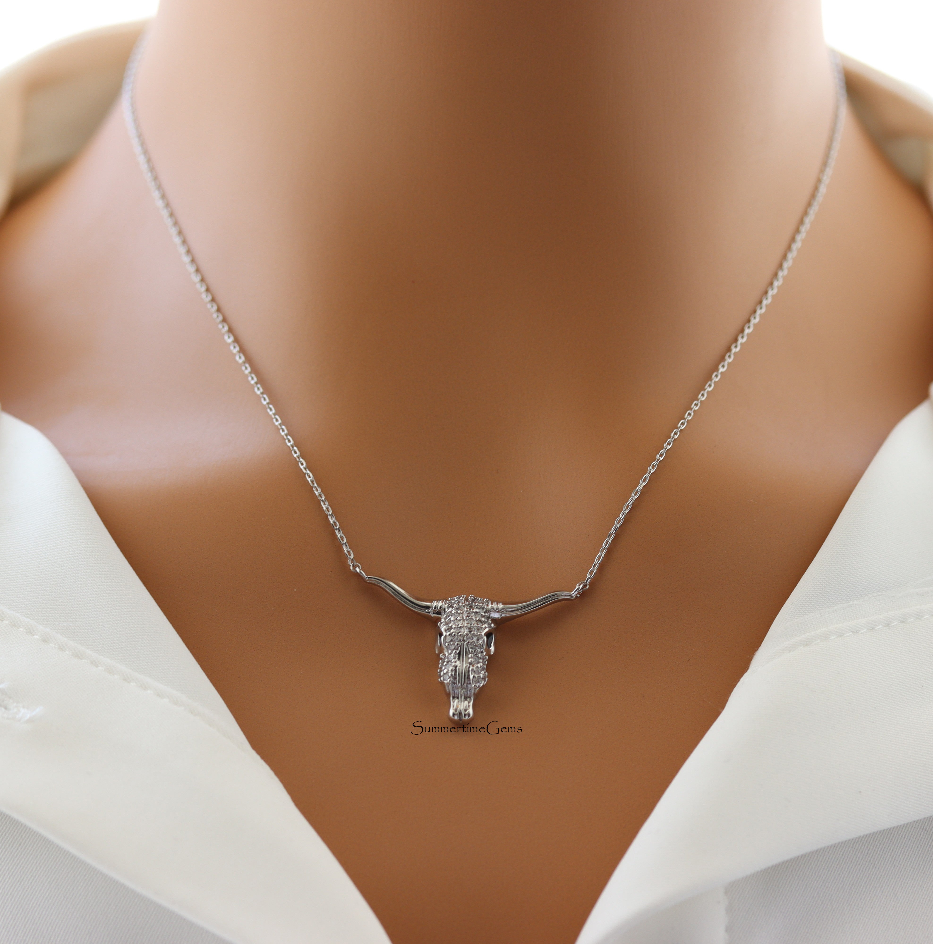 STG 18K Gold Plated CZ Pave Bull Head Pendant Necklace – Western Glam Statement Jewelry