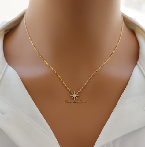 STG 18K Gold Plated Mini Opal CZ Flower Pendant Necklace – Dainty Floral Jewelry for Everyday Elegance