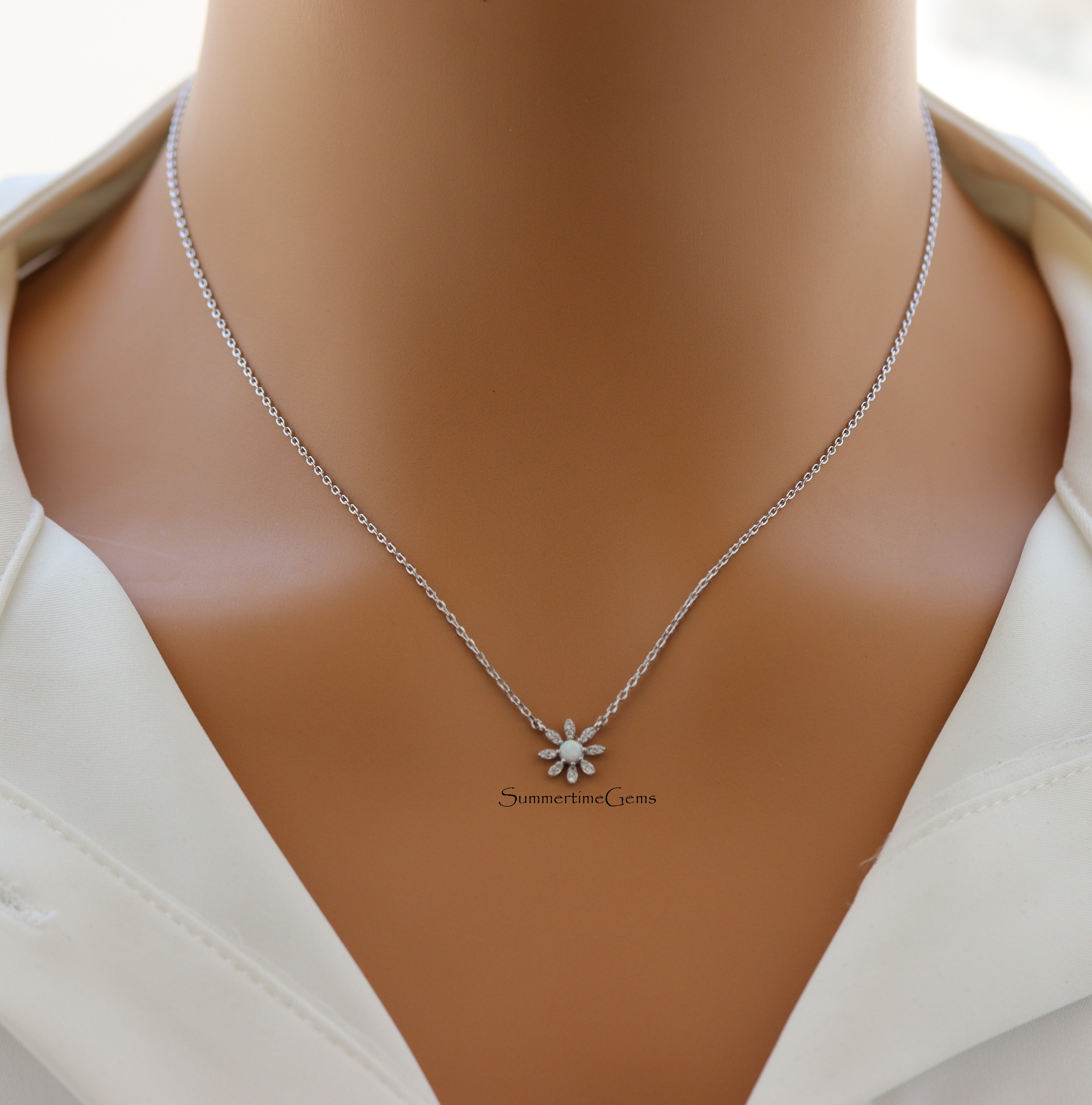 STG 18K Gold Plated Mini Opal CZ Flower Pendant Necklace – Dainty Floral Jewelry for Everyday Elegance