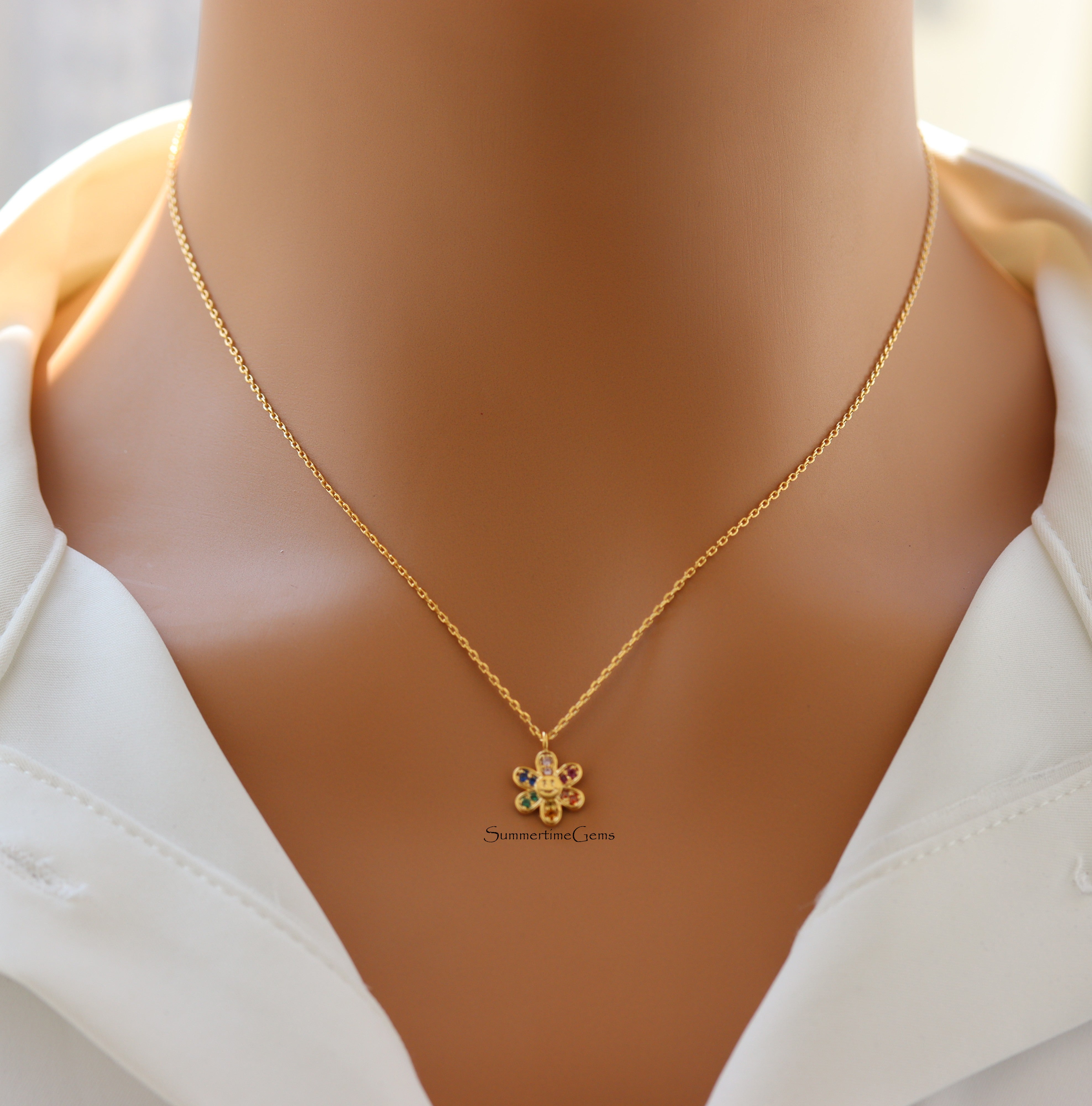 STG 18K Gold Plated Dainty Rainbow CZ Smiley Face Flower Pendant Necklace – Fun & Sparkly Jewelry for Positive Vibes