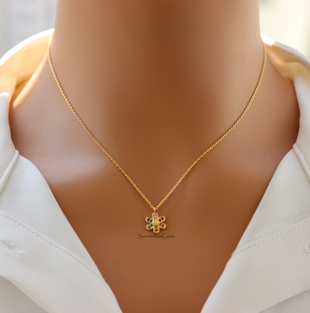 STG 18K Gold Plated Dainty Rainbow CZ Smiley Face Flower Pendant Necklace – Fun & Sparkly Jewelry for Positive Vibes