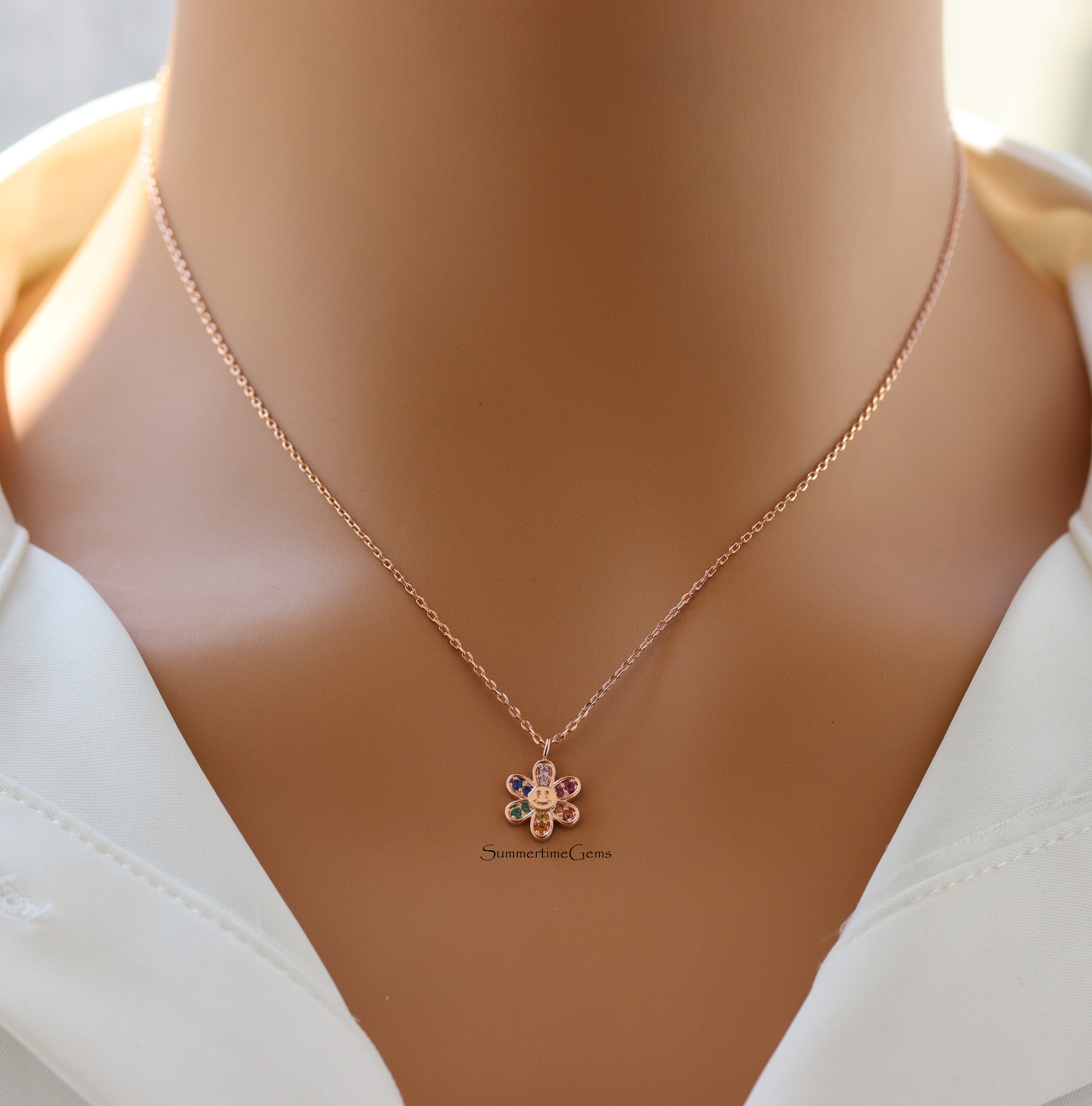 STG 18K Gold Plated Dainty Rainbow CZ Smiley Face Flower Pendant Necklace – Fun & Sparkly Jewelry for Positive Vibes