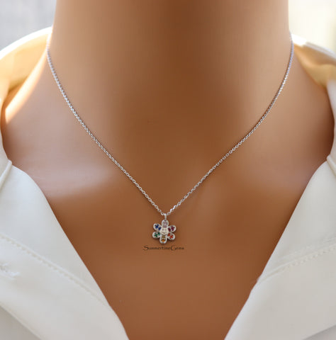 STG 18K Gold Plated Dainty Rainbow CZ Smiley Face Flower Pendant Necklace – Fun & Sparkly Jewelry for Positive Vibes