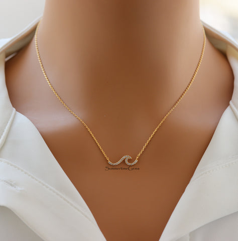 STG 18K Gold Plated Pavé Wave Pendant Necklace for Women – Dainty Ocean-Inspired Sparkling Jewelry Gift