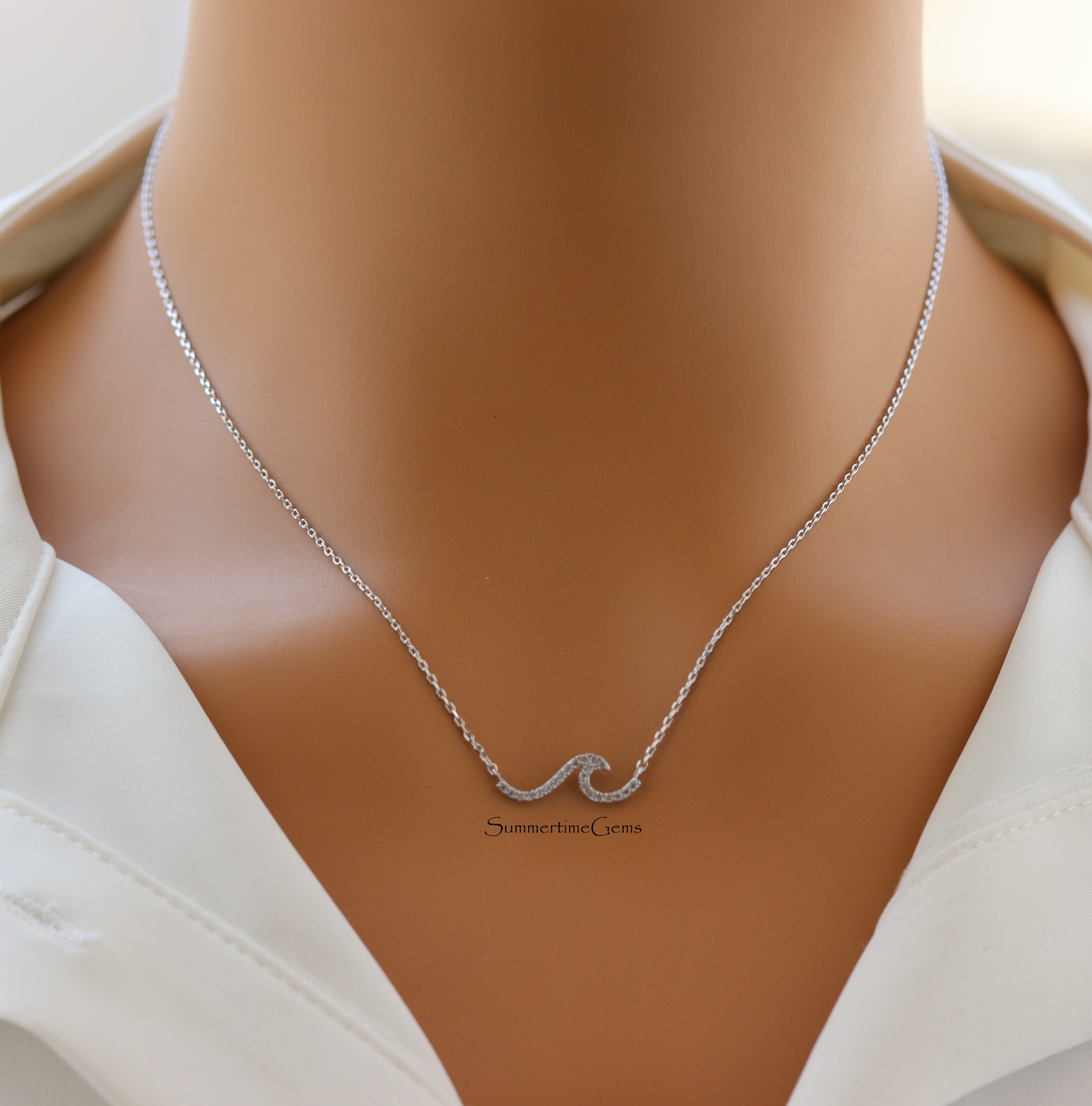 STG 18K Gold Plated Pavé Wave Pendant Necklace for Women – Dainty Ocean-Inspired Sparkling Jewelry Gift